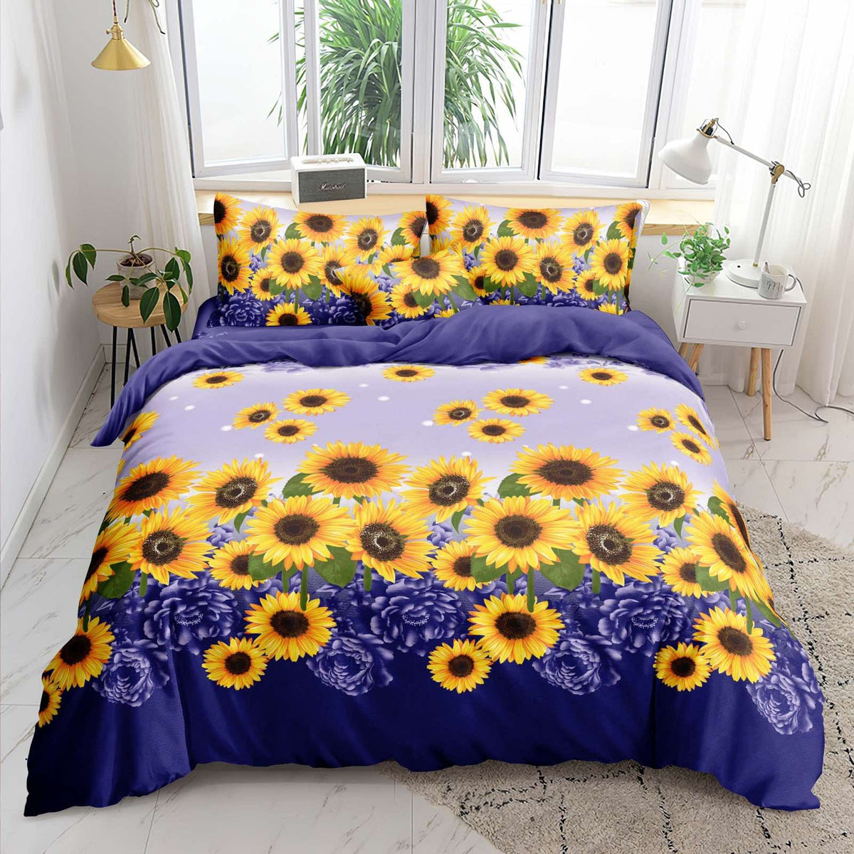 Blue Sunflower Bedsheet yellow sunflowers on blue background print on bed