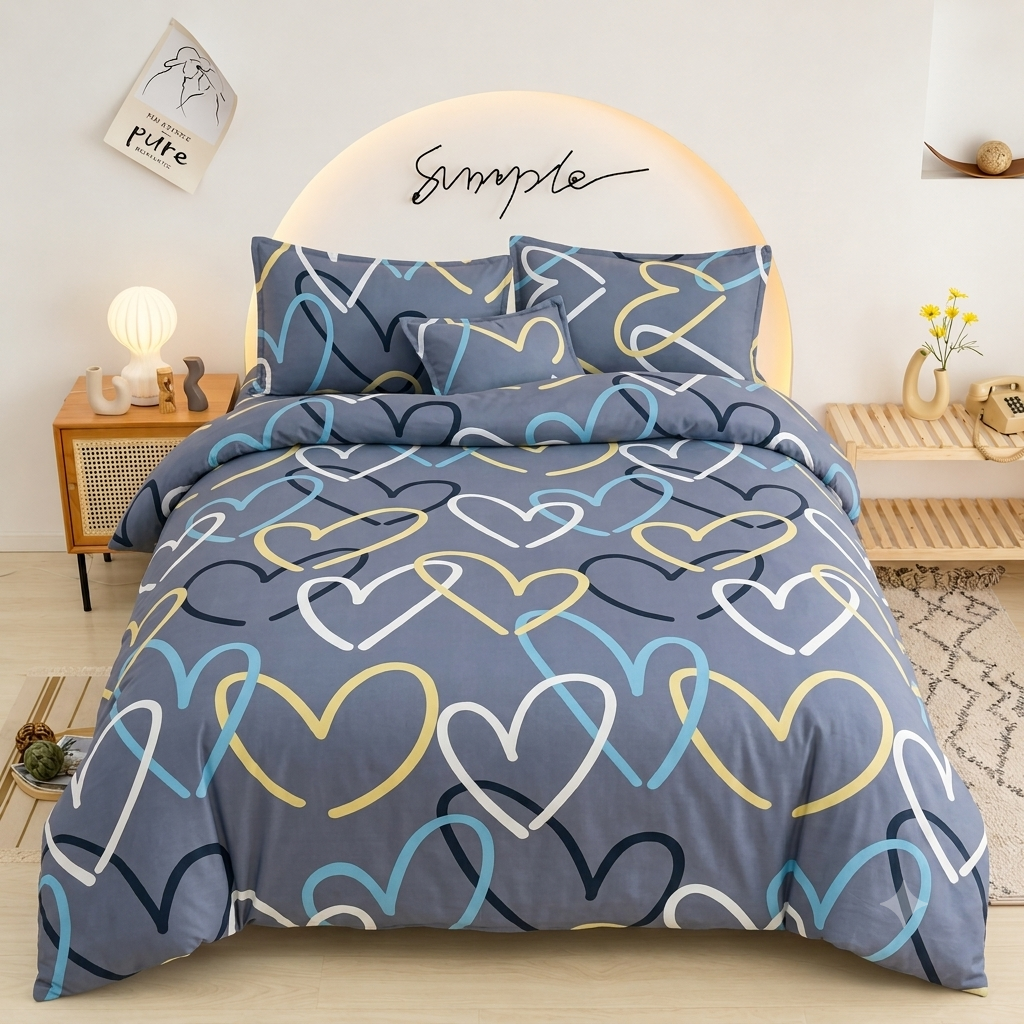 Gray Hearts Bedsheet white yellow and blue heart outline print on bed