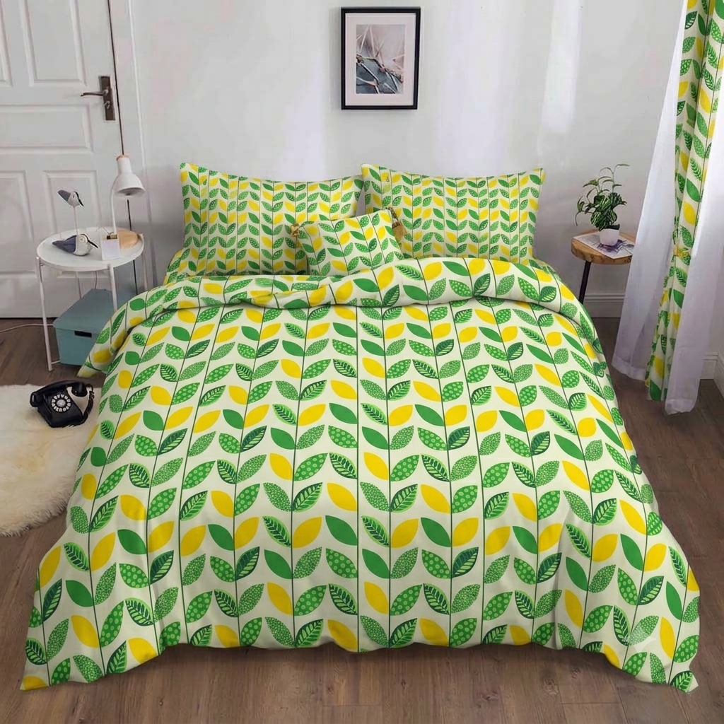 Green All Leaves Bedsheet green and yellow leaf vine print on bed