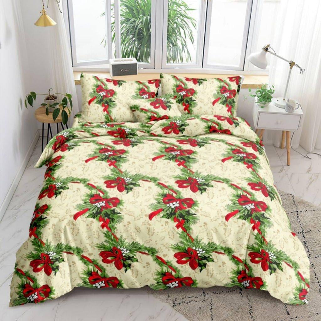 Ribonette Bedsheet red ribbon and pine garland print on bed