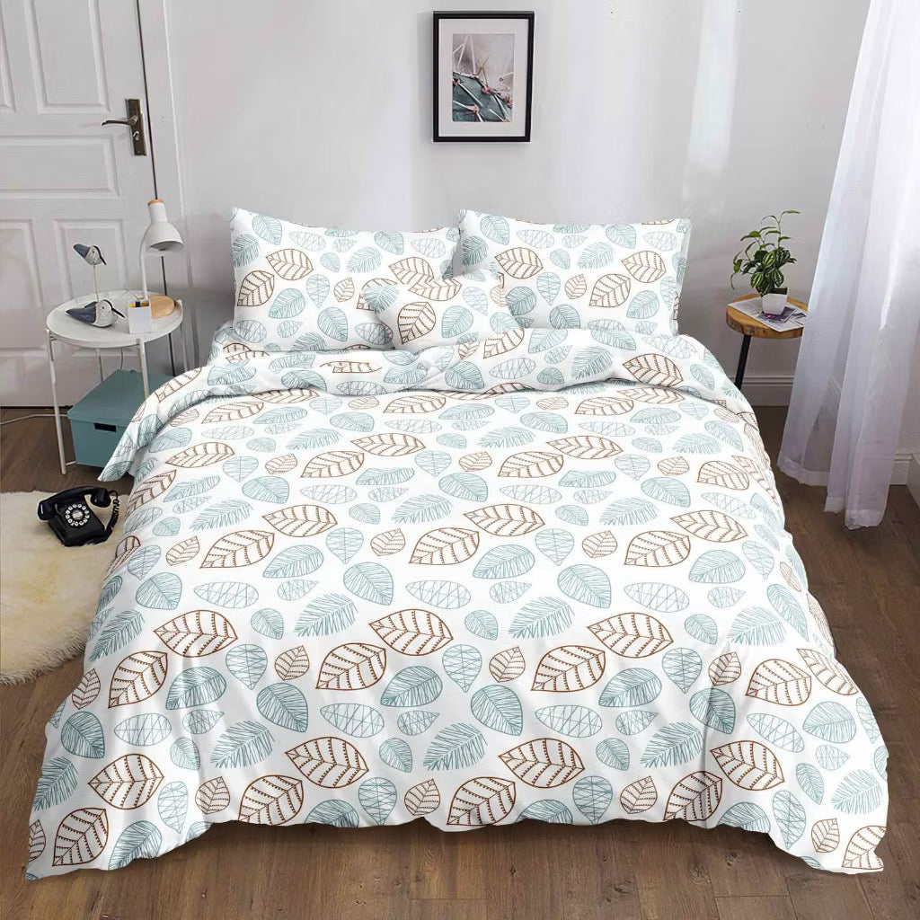 Art Leaves printed bedsheet with sage green and brown leaf pattern on white bed