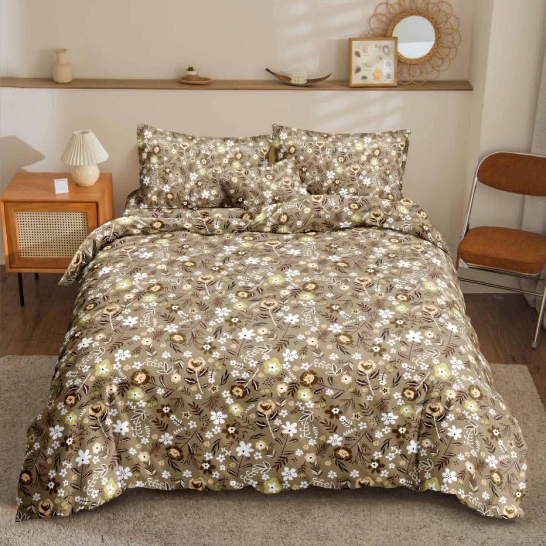 Autumn Bloom Bedsheet taupe and olive floral print on bed  