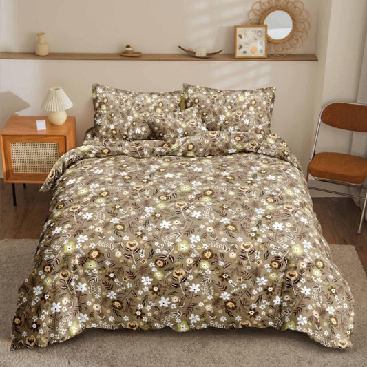 Autumn Bloom Bedsheet taupe and olive floral print on bed  