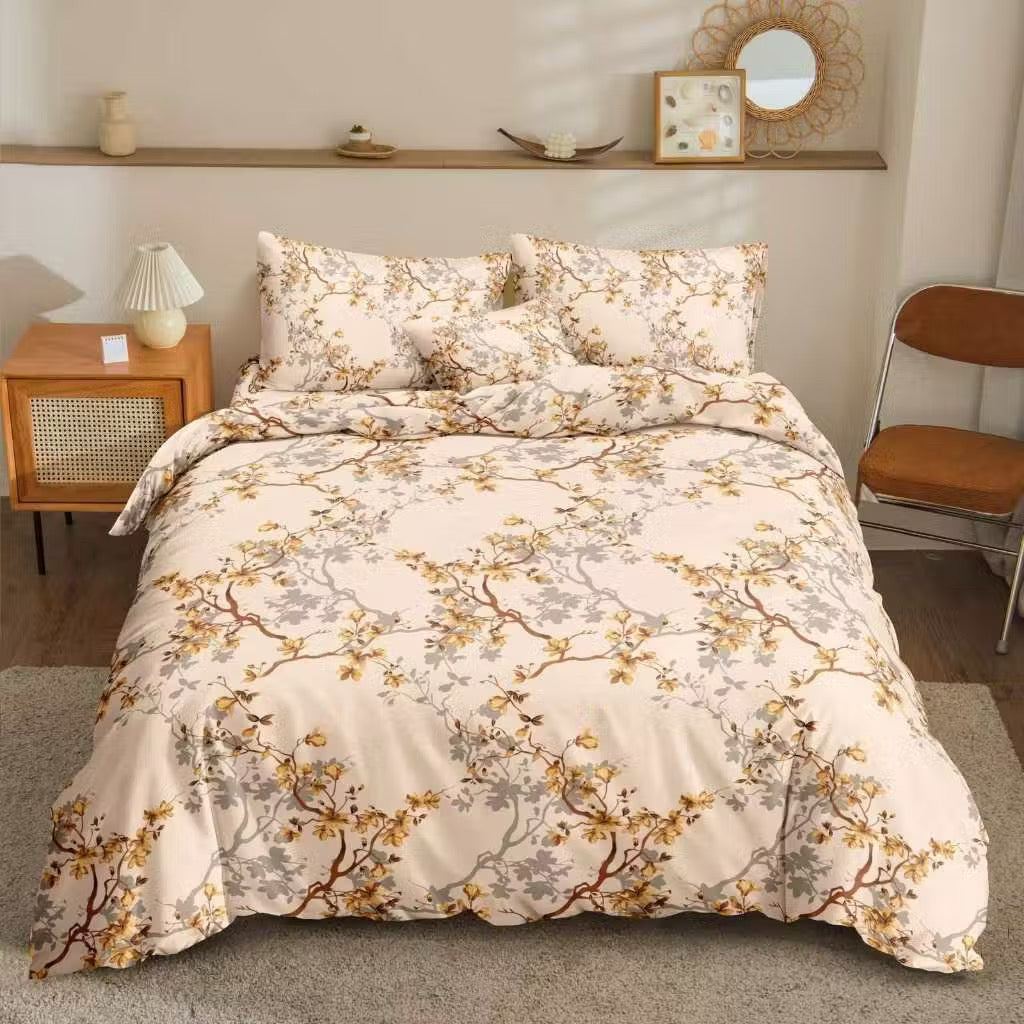 Beige Floral Bedsheet with golden blossom and branch print on bed