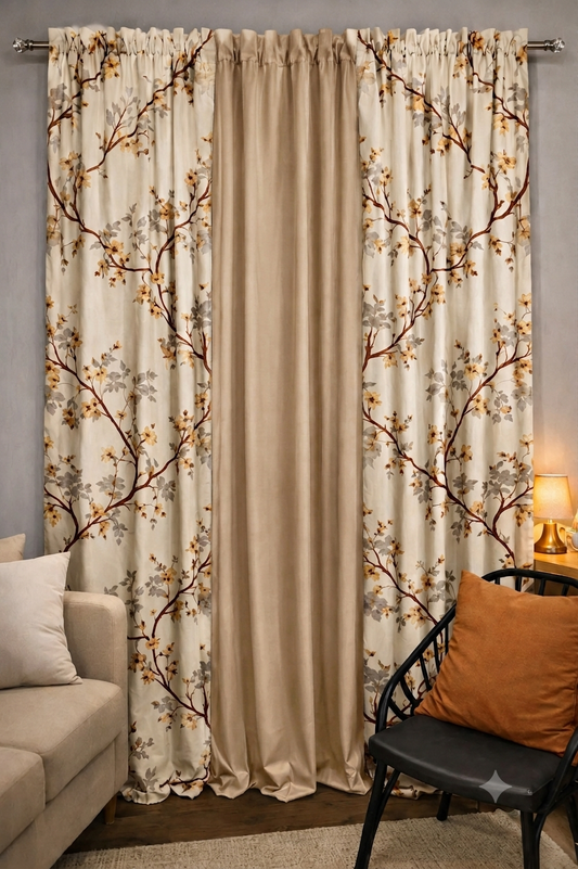 Beige Floral RT Curtain floral branch print curtain on rod