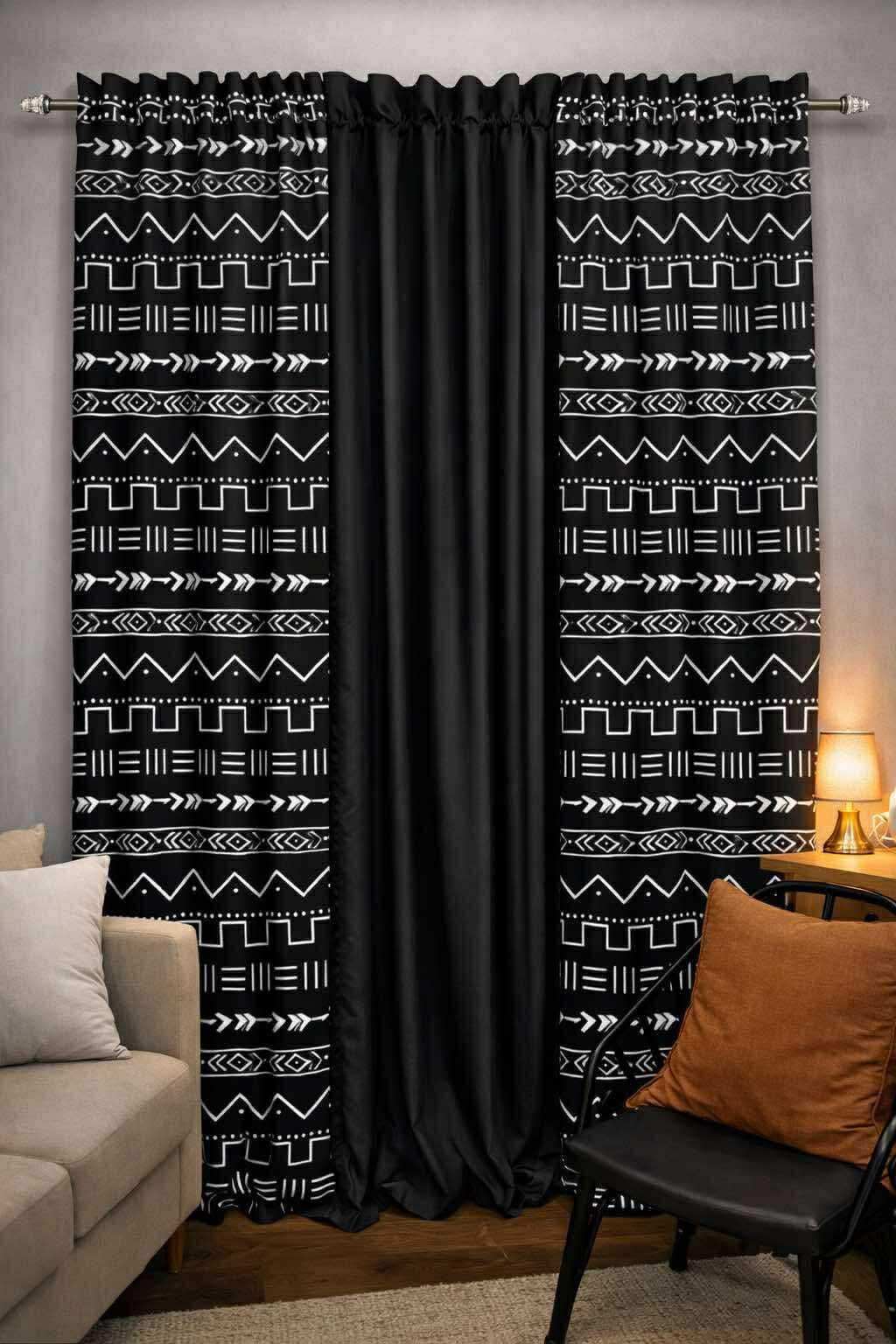 Black Boho RT Curtain tribal print curtain on rod