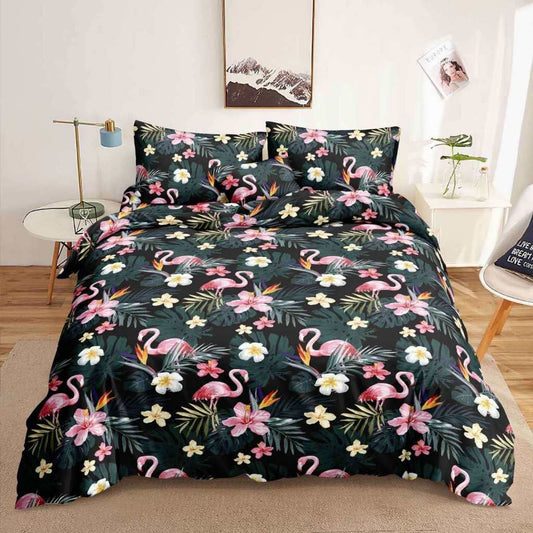 Black Flamingo Bedsheet tropical pink flamingo and floral print on bed
