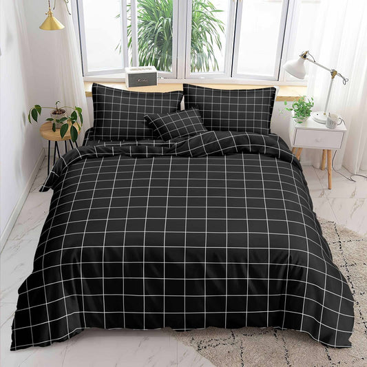 Black Squares Bedsheet white grid print on bed