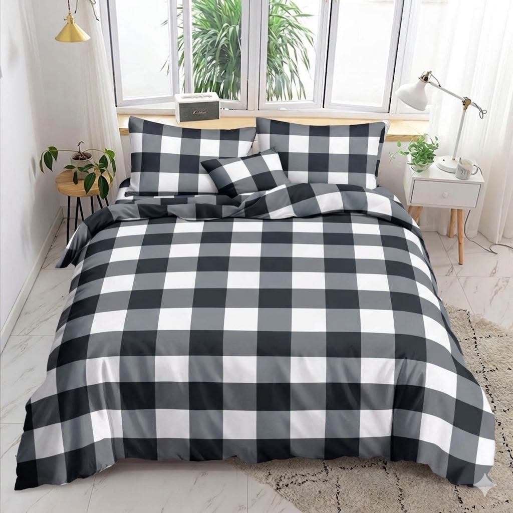 Black Tiles Bedsheet black white and gray checkered print on bed