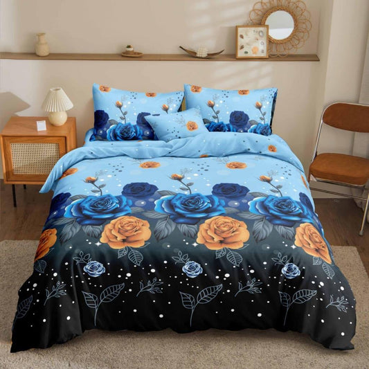 Blue Black Rose Bedsheet blue and gold roses on starry print on bed