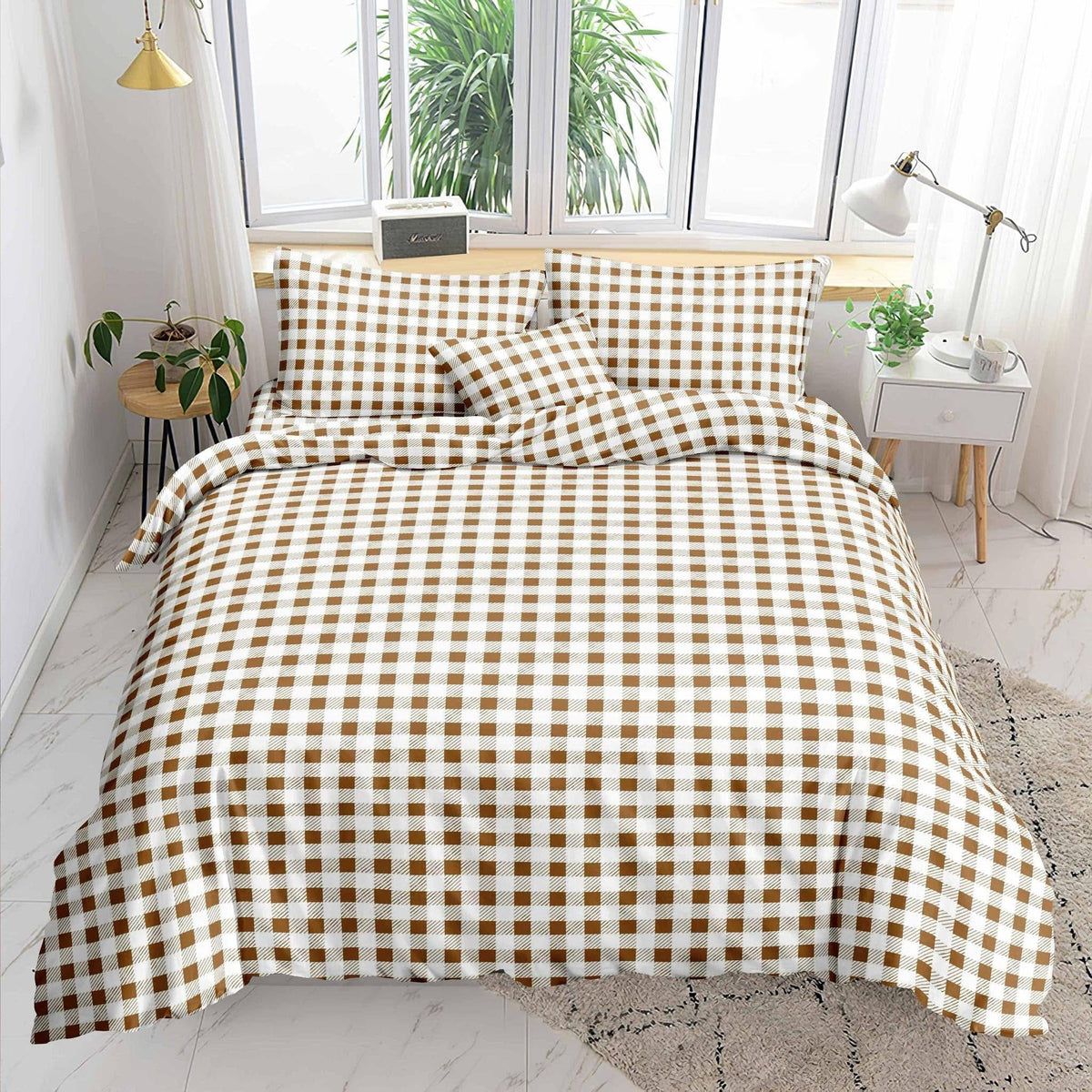 Brown Checkered Bedsheet brown and white checkered print on bed
