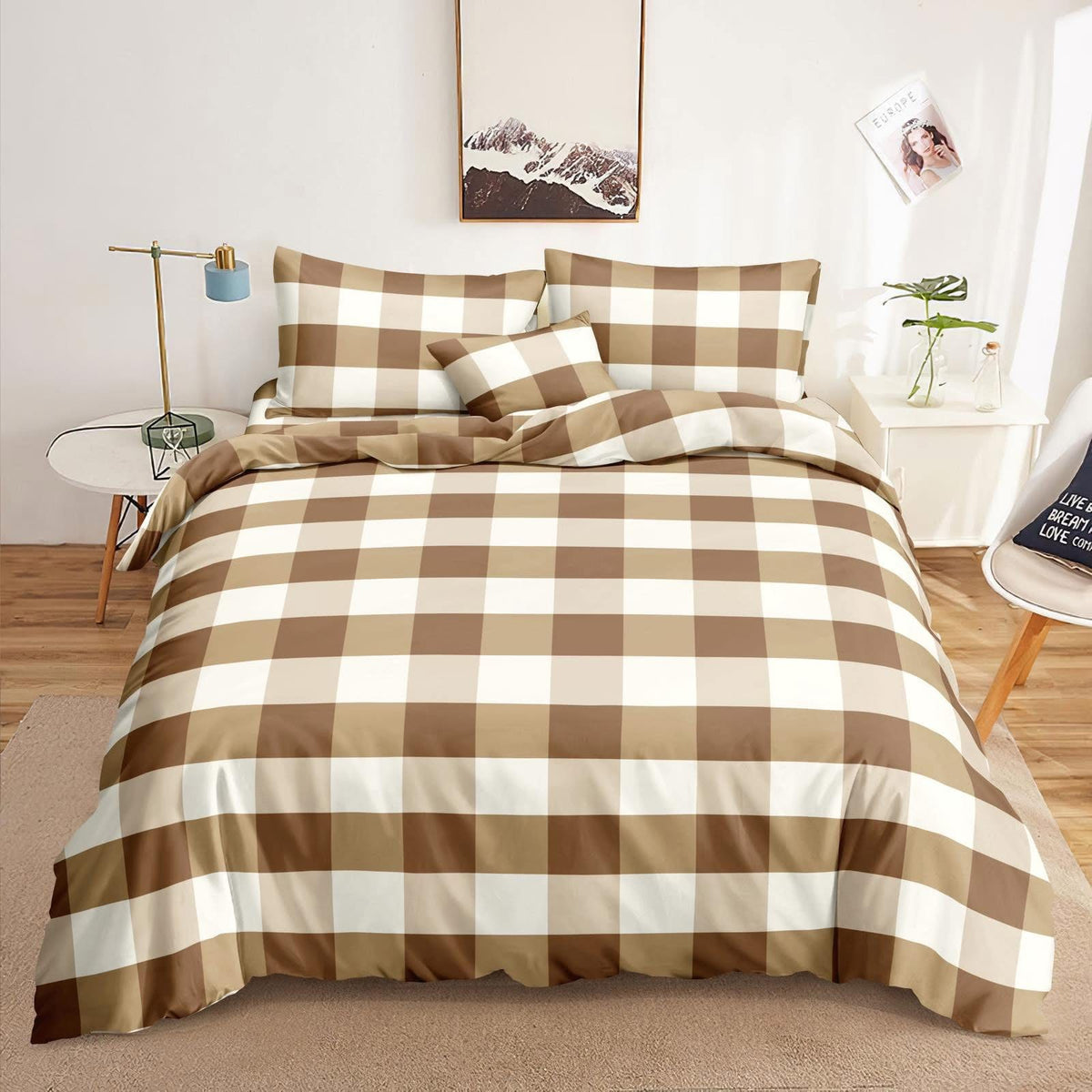 Brown Tiles Bedsheet brown tan and cream checkered print on bed