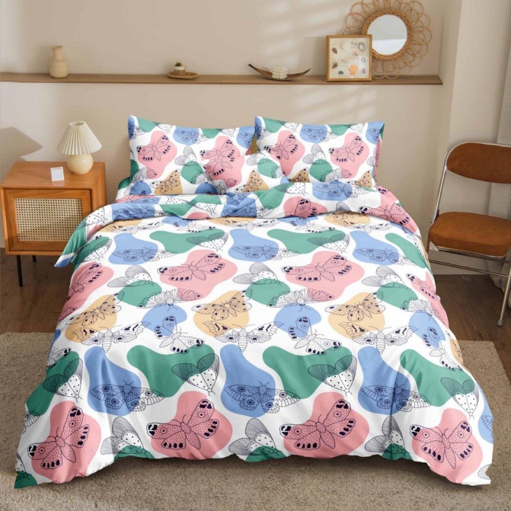 Butterflies Bedsheet pastel butterfly illustration print on bed