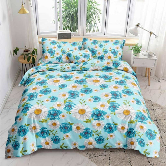 Daisy Bedsheet white daisies and teal florals on blue print on bed