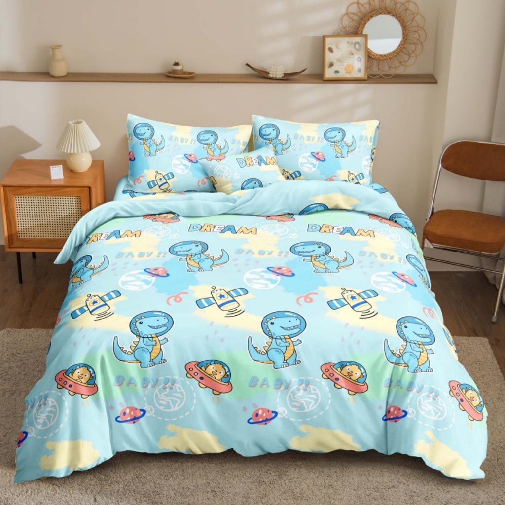 Dino UFO Bedsheet astronaut dinosaurs and UFOs print on bed