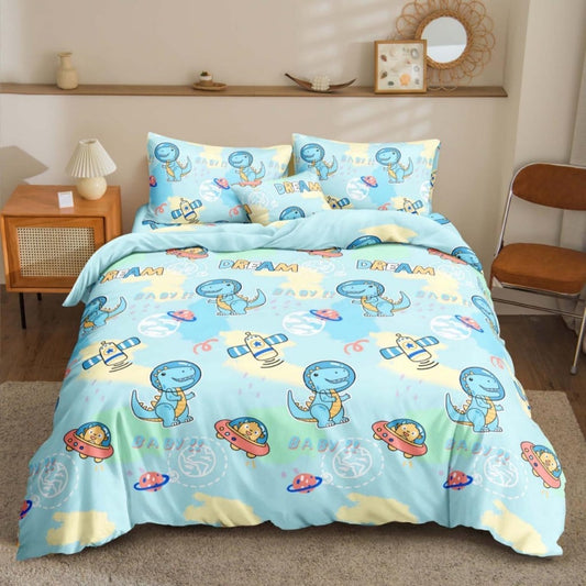 Dino UFO Bedsheet astronaut dinosaurs and UFOs print on bed