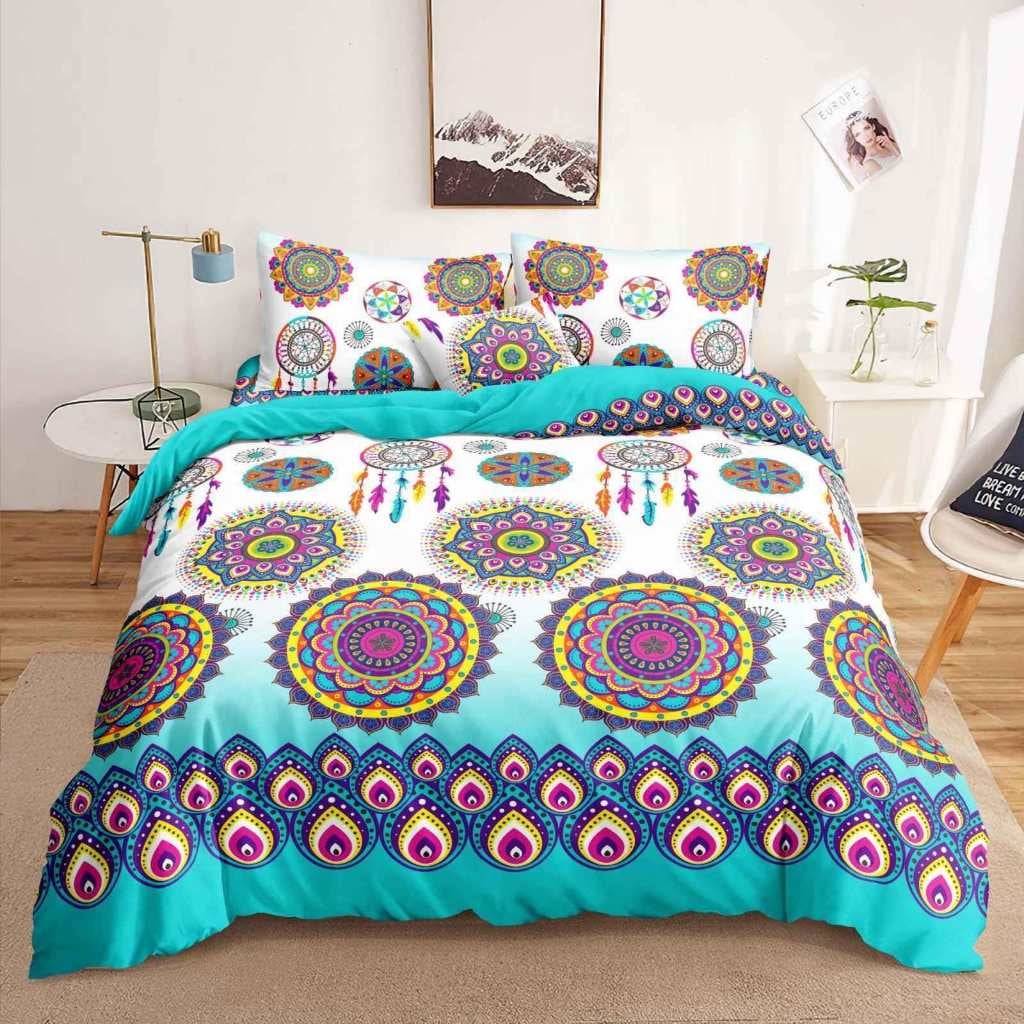 Dream Catcher Bedsheet colorful mandala and dreamcatcher print on bed