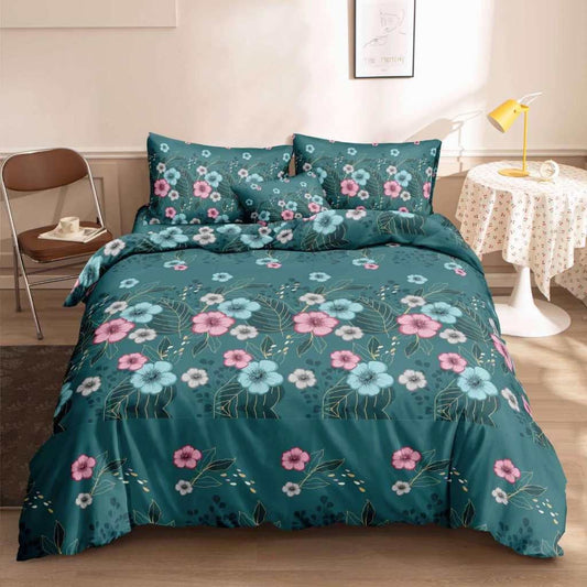 Emerald Petals Bedsheet pink and teal florals on emerald green print on bed