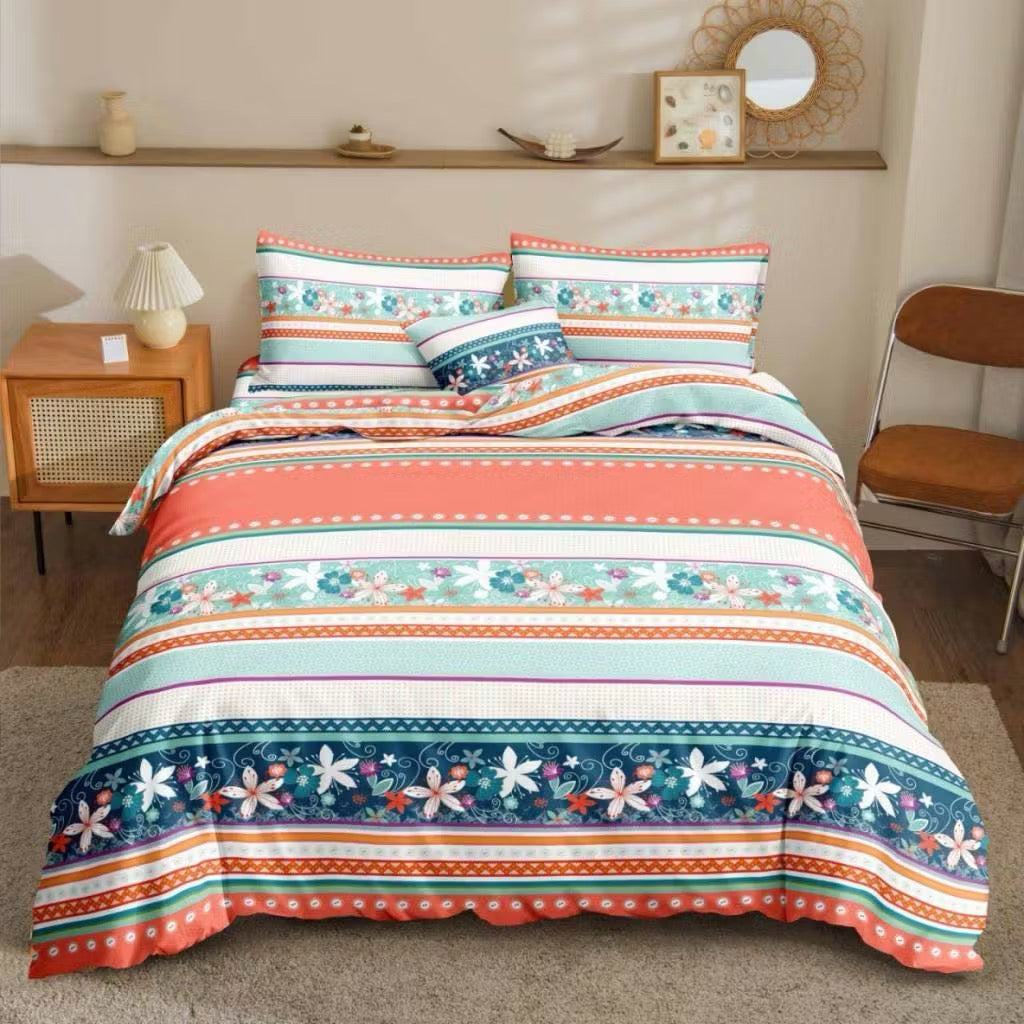 Floral Boho Bedsheet coral mint and navy striped floral print on bed