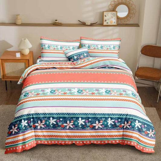 Floral Boho Bedsheet coral mint and navy striped floral print on bed