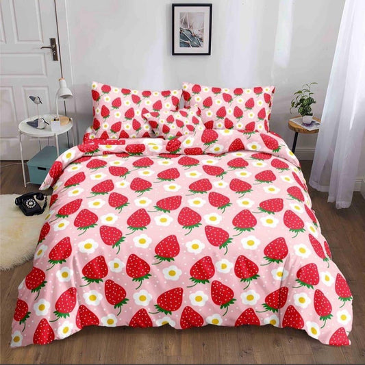 Floral Strawberry Bedsheet red strawberries and white daisies print on bed