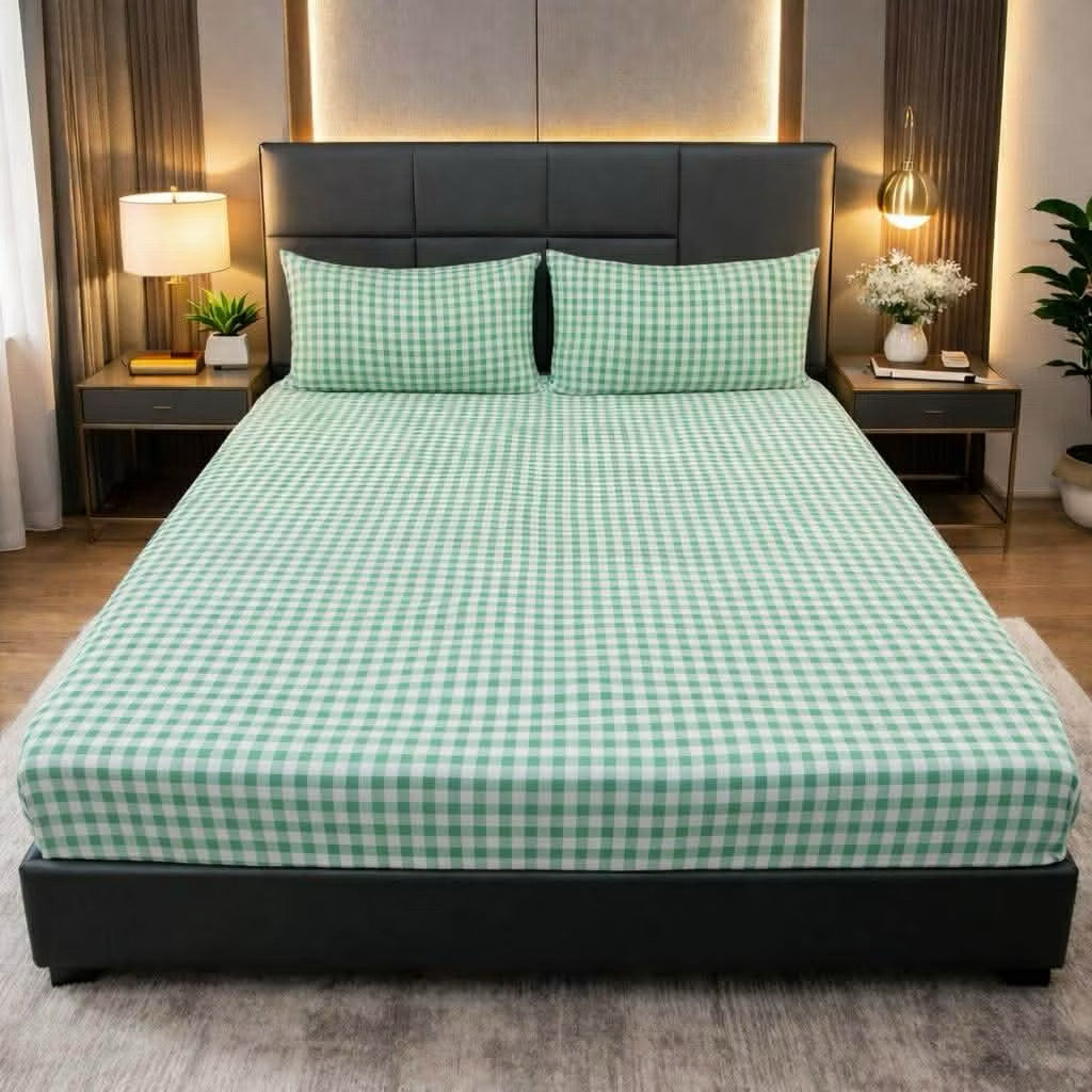 Green Checkered Bedsheet green and white checkered print on bed
