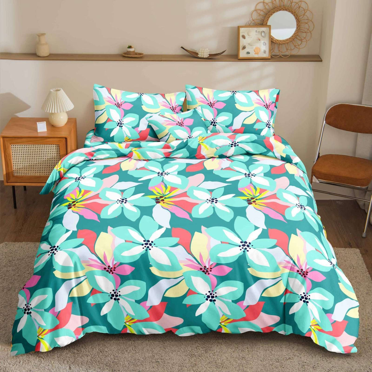 Green Garden Bedsheet bold graphic florals on teal print on bed