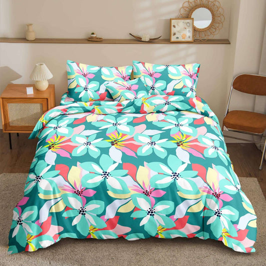 Green Garden Bedsheet bold graphic florals on teal print on bed