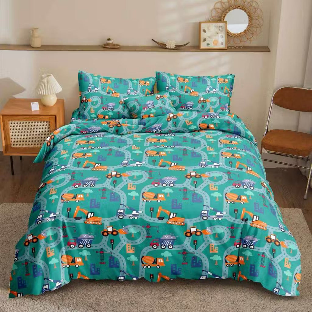Green Trucks Bedsheet construction trucks and roadway print on bed