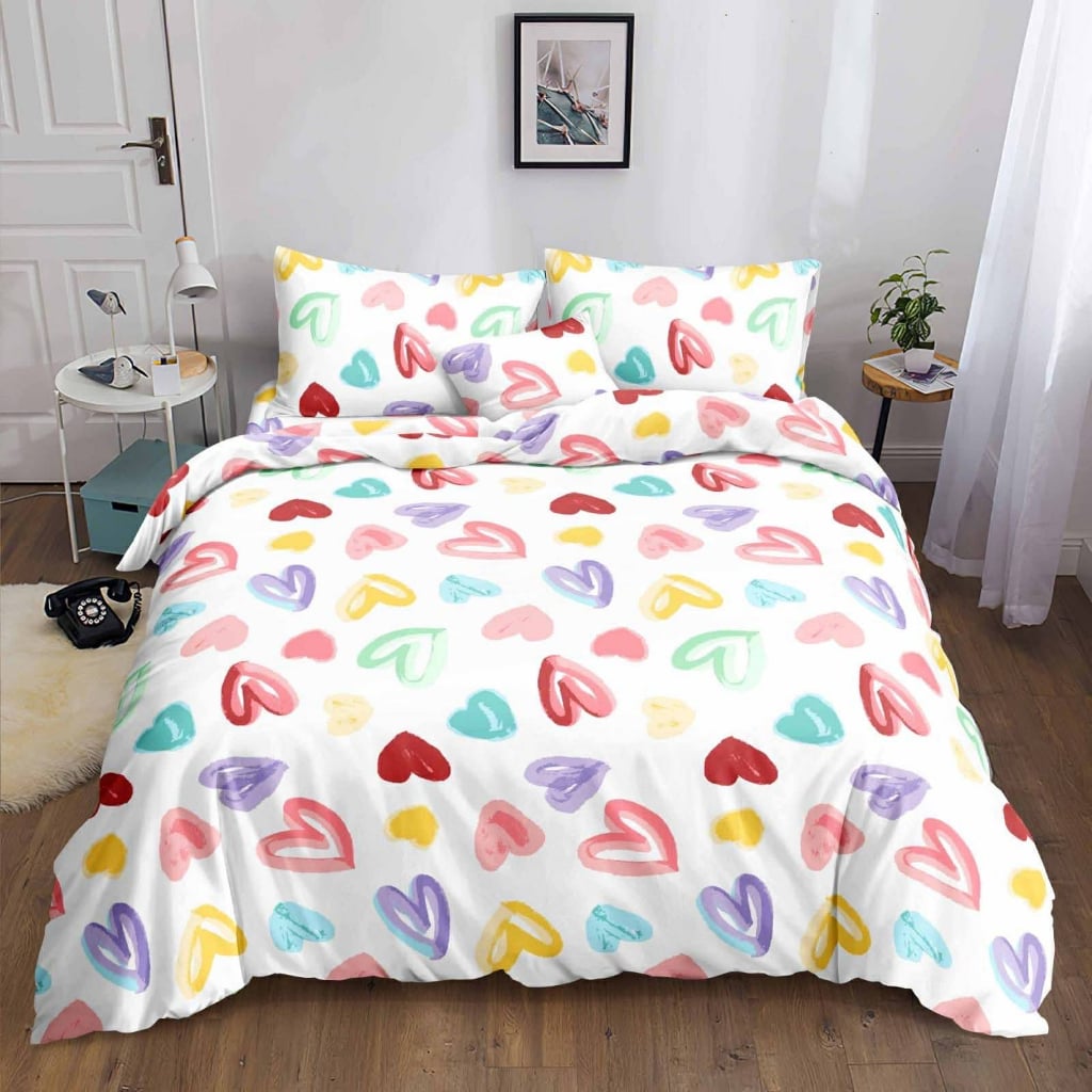 Hearts Paint Bedsheet colorful painted heart print on bed