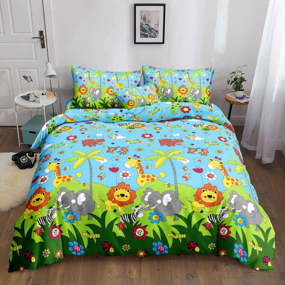 Jungle Friends Bedsheet lions giraffes and elephants print on bed