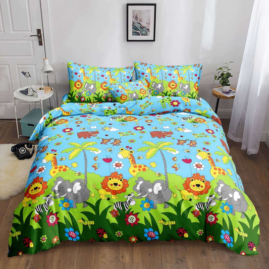 Jungle Friends Bedsheet lions giraffes and elephants print on bed
