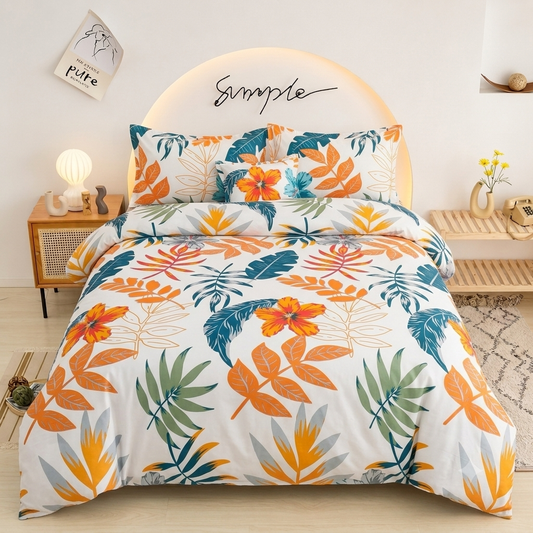 Leaves and Floral Bedsheet tropical leaves and hibiscus print on bed