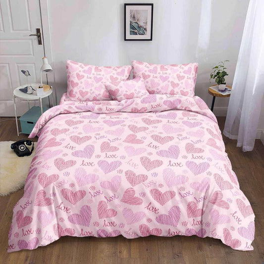 Love Hearts Bedsheet pink sketch hearts and love script print on bed