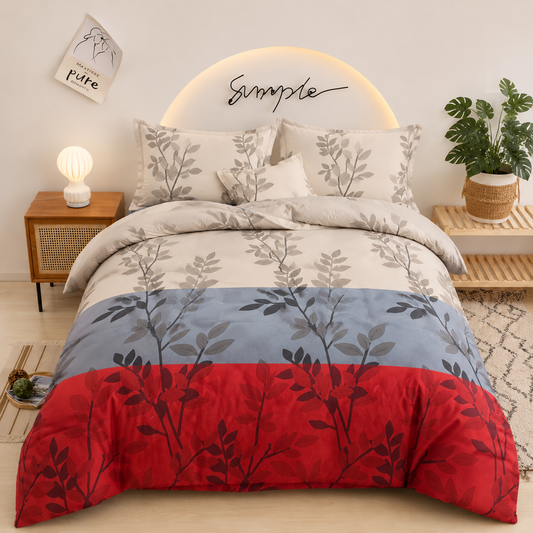 Maple Mist Bedsheet branch silhouettes on cream blue and red print on bed