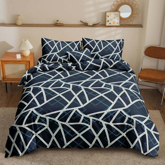 Midnight Grid Bedsheet white and teal geometric lines on navy print on bed