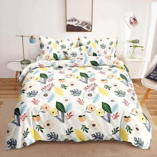 Mix Floral Leaves Bedsheet white daisies and multicolor leaves print on bed