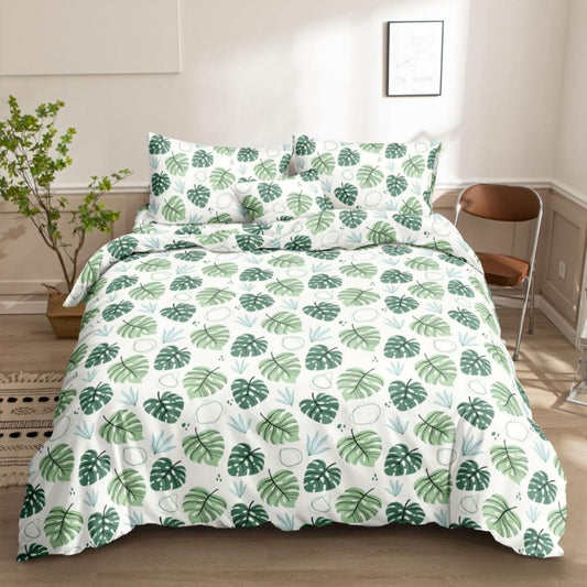 Mix Monstera Bedsheet green monstera leaf print on bed