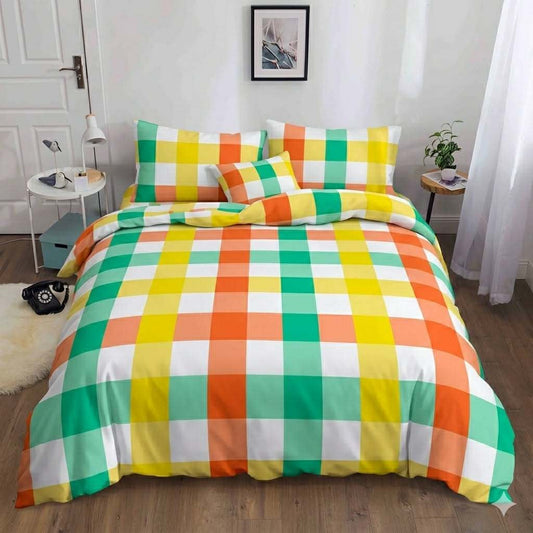 Multicolored Tiles Bedsheet green orange and yellow plaid check print on bed