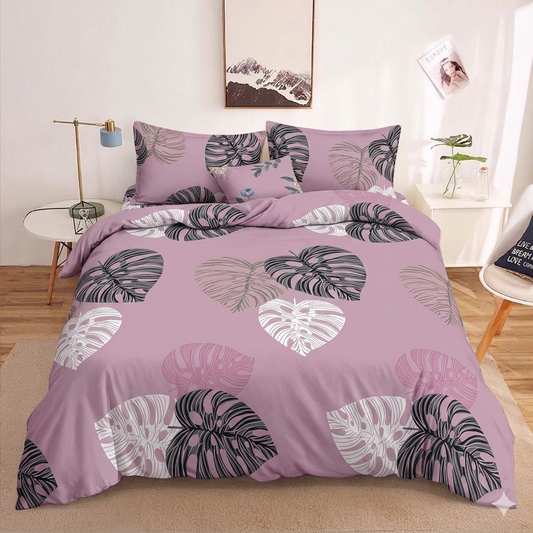 Old Rose Monstera Bedsheet leaf silhouettes on dusty rose print on bed