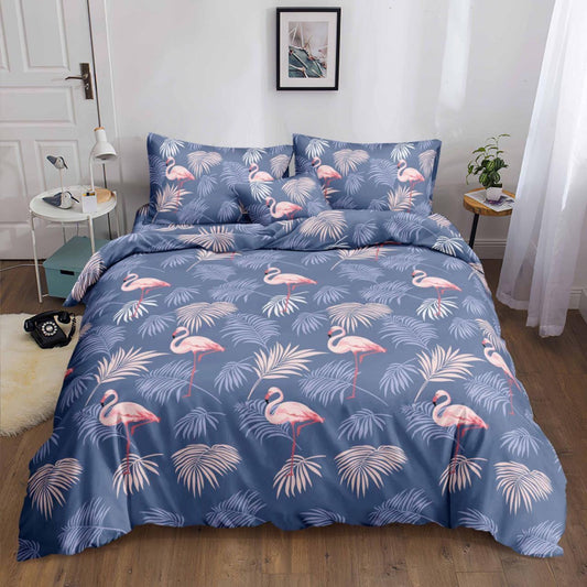 Palms Flamingo Bedsheet pink flamingos and palm leaves on dusty blue print on bed