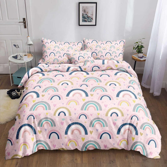 Pink Curves Bedsheet pastel rainbow arches with hearts print on bed