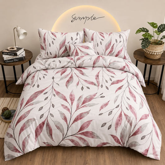 Pink Leaves Bedsheet watercolor leaf branches in dusty rose and gray on bed
