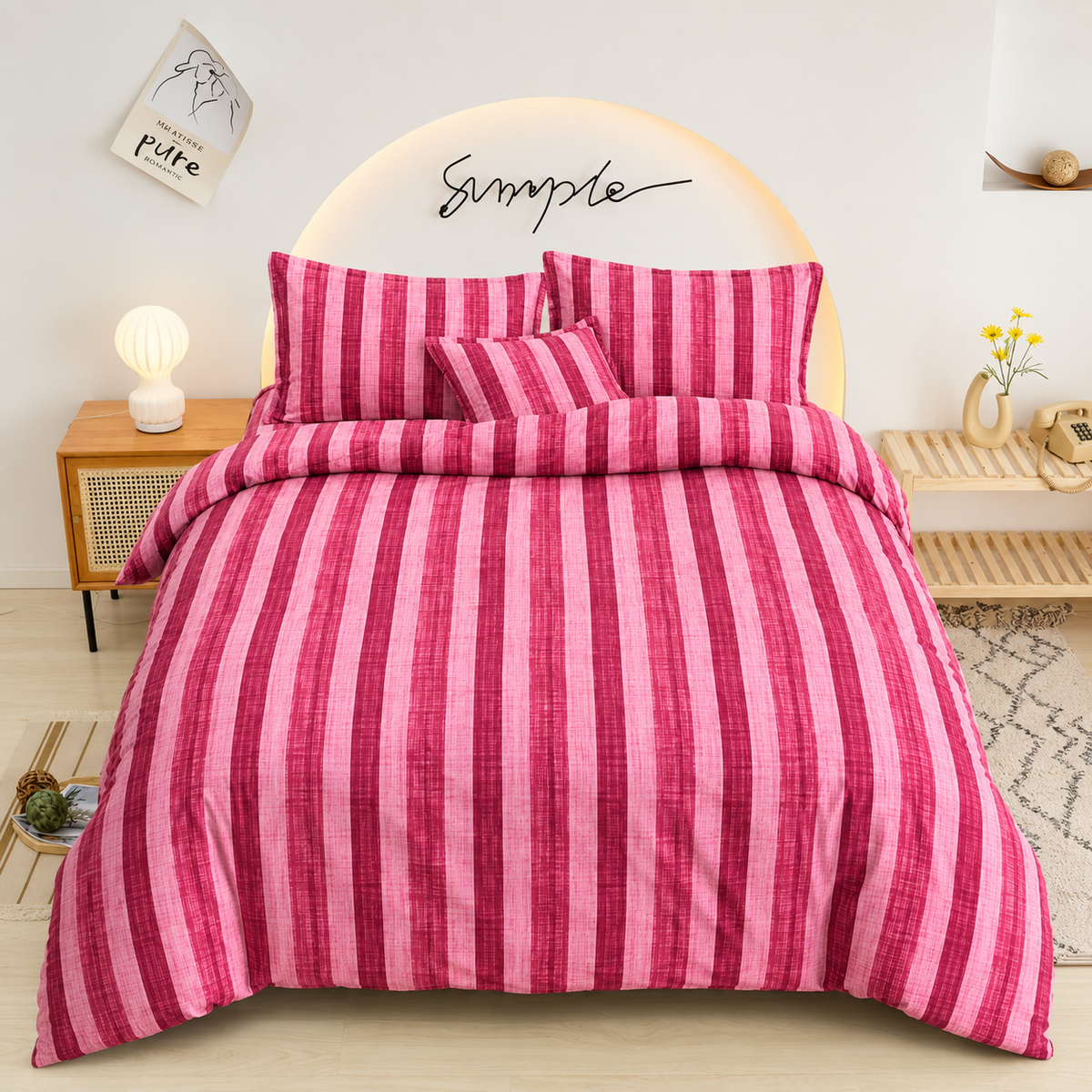Pink Lines Bedsheet magenta and pink vertical stripe print on bed