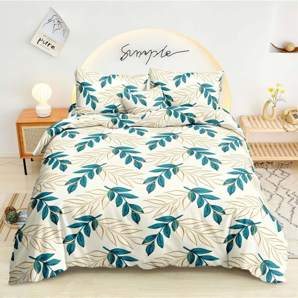 Pinnate Bedsheet teal leaf branches with gold outlines print on bed