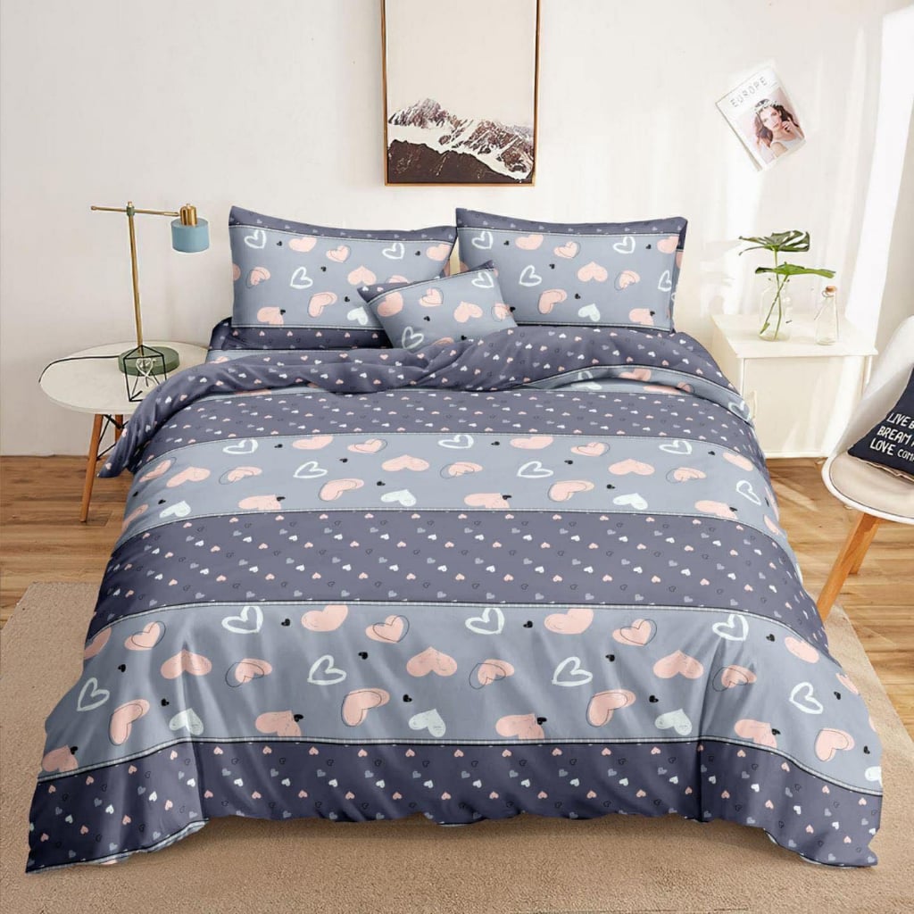Purple Hearts Bedsheet blush hearts on gray striped print on bed