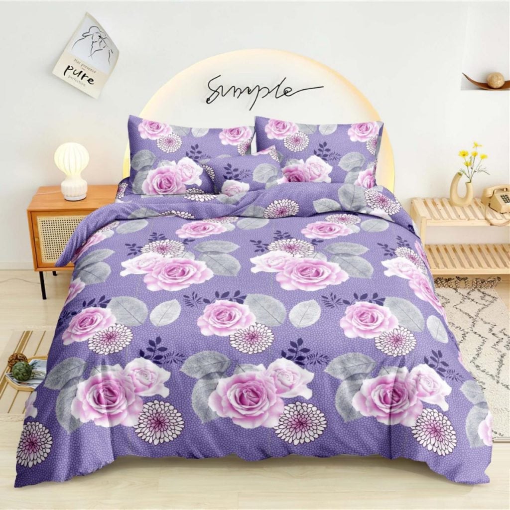 Purple Rose Bedsheet pink roses and dahlias on lavender print on bed