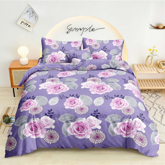 Purple Rose Bedsheet pink roses and dahlias on lavender print on bed