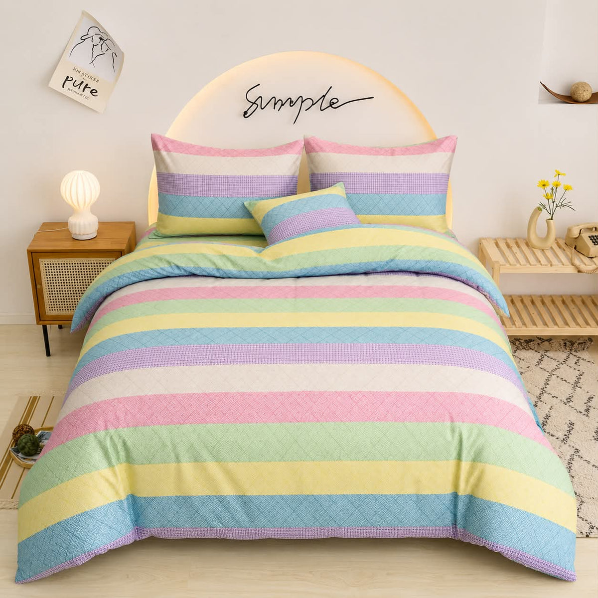 Rainbow Pattern Bedsheet multicolor pastel stripe print on bed