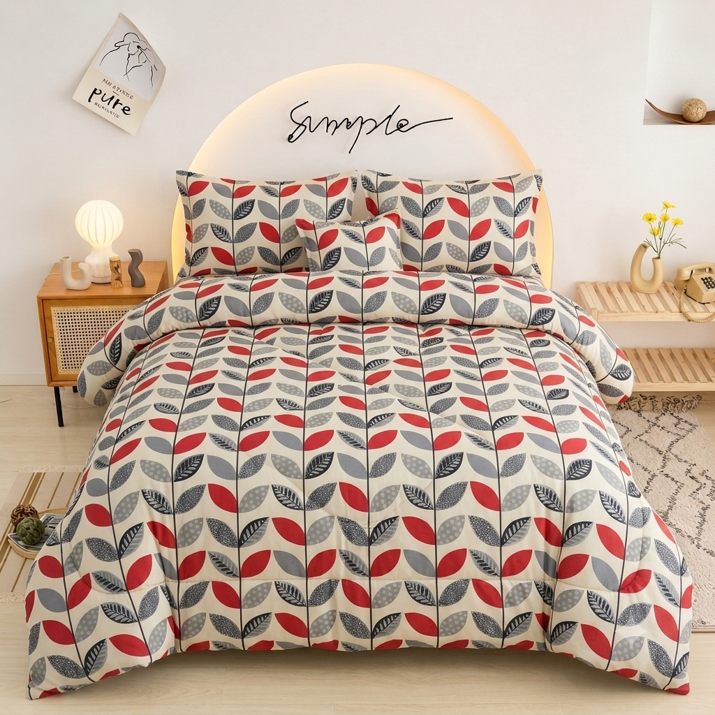 Red All Leaves Bedsheet red and gray leaf vine print on bed